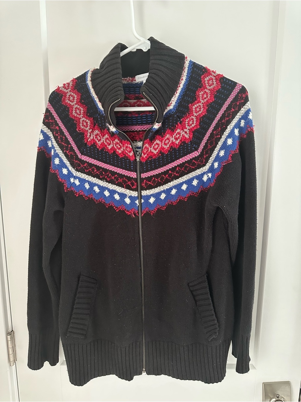 Women’s Black Zip-Up Sweater with Red and Blue Fair Isle Charter Club Women’s L